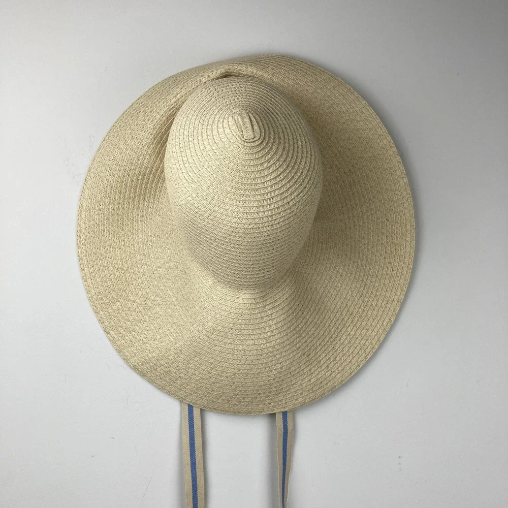 H&M Hat Women Tan Paper‎ Straw Wide Brim Sun Hat Frayed Edge S/54